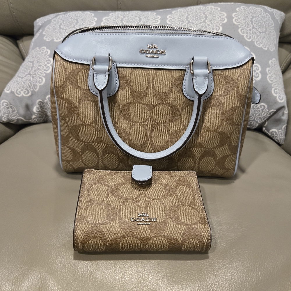 Coach Tan and Light Blue Signature Handbag